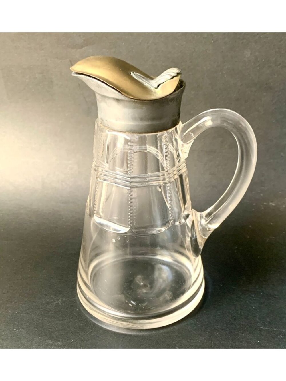 Antique EAPG Glass Syrup Dispenser With Hinged Brass Lid